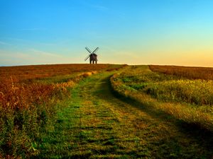 Preview wallpaper field, mill, horizon, summer, grass, sunset