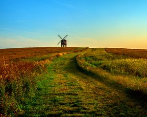 Preview wallpaper field, mill, horizon, summer, grass, sunset