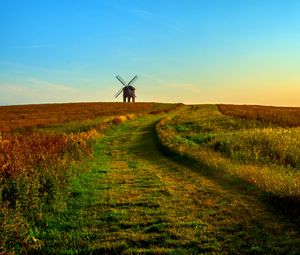 Preview wallpaper field, mill, horizon, summer, grass, sunset