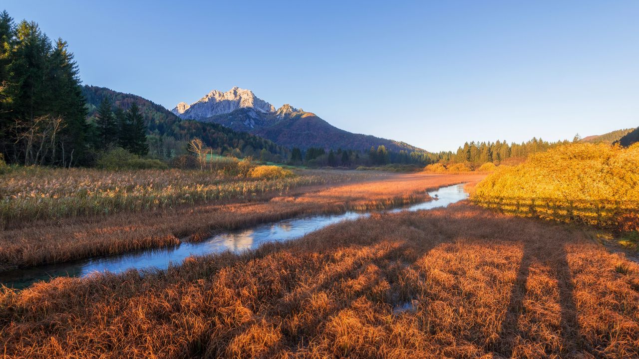 Wallpaper field, mountains, river, grass