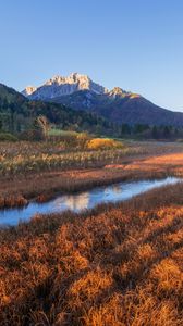 Preview wallpaper field, mountains, river, grass