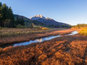 Preview wallpaper field, mountains, river, grass