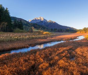 Preview wallpaper field, mountains, river, grass