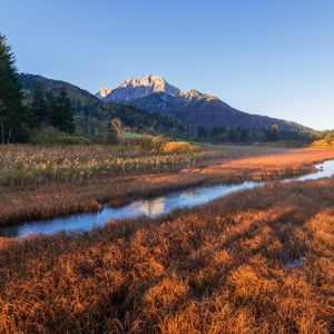 Preview wallpaper field, mountains, river, grass
