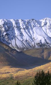 Preview wallpaper field, mountains, snow, landscape