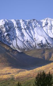 Preview wallpaper field, mountains, snow, landscape