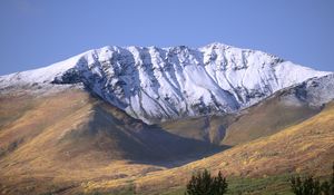 Preview wallpaper field, mountains, snow, landscape