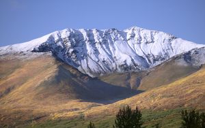 Preview wallpaper field, mountains, snow, landscape