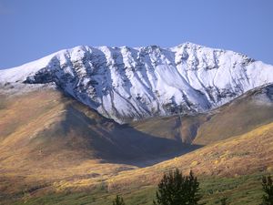 Preview wallpaper field, mountains, snow, landscape