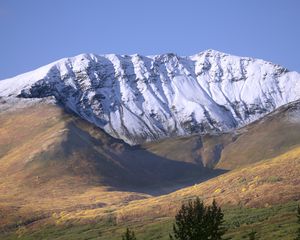 Preview wallpaper field, mountains, snow, landscape
