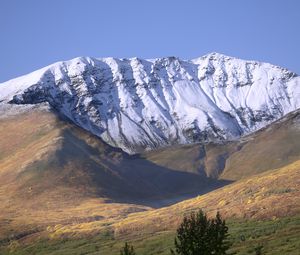 Preview wallpaper field, mountains, snow, landscape