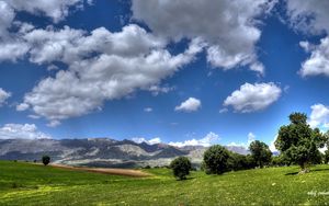 Preview wallpaper field, mountains, trees, landscape