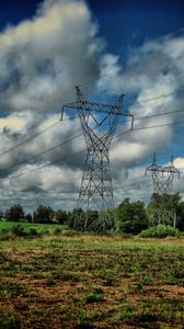 Preview wallpaper field, poles, wires, clouds, landscape