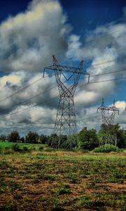 Preview wallpaper field, poles, wires, clouds, landscape