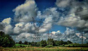 Preview wallpaper field, poles, wires, clouds, landscape