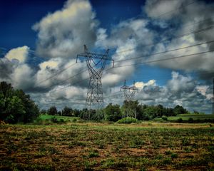 Preview wallpaper field, poles, wires, clouds, landscape