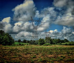 Preview wallpaper field, poles, wires, clouds, landscape