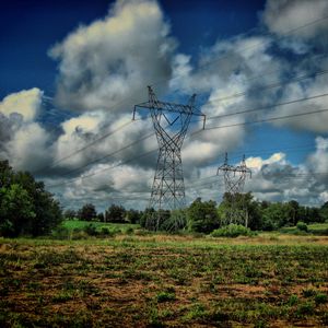 Preview wallpaper field, poles, wires, clouds, landscape