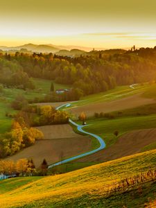 Preview wallpaper field, river, forest