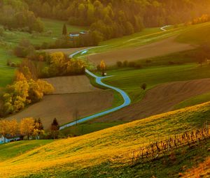 Preview wallpaper field, river, forest