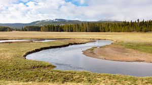 Preview wallpaper field, river, mountains, landscape