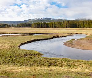 Preview wallpaper field, river, mountains, landscape