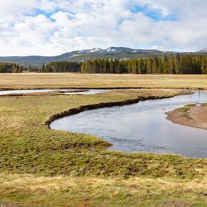 Preview wallpaper field, river, mountains, landscape
