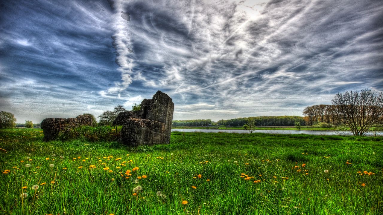 Wallpaper field, river, sky, landscape