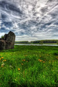 Preview wallpaper field, river, sky, landscape