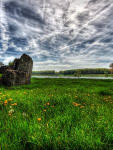 Preview wallpaper field, river, sky, landscape