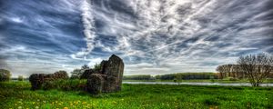 Preview wallpaper field, river, sky, landscape