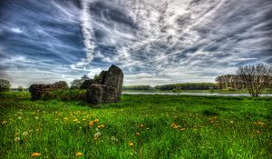 Preview wallpaper field, river, sky, landscape