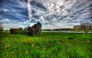 Preview wallpaper field, river, sky, landscape