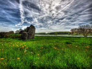 Preview wallpaper field, river, sky, landscape