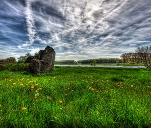 Preview wallpaper field, river, sky, landscape