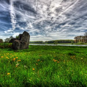 Preview wallpaper field, river, sky, landscape