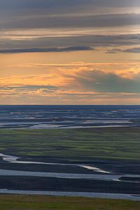 Preview wallpaper field, river, sunset, clouds, nature