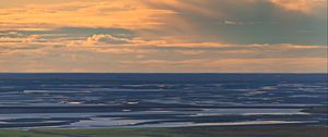 Preview wallpaper field, river, sunset, clouds, nature