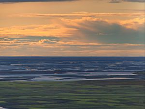 Preview wallpaper field, river, sunset, clouds, nature