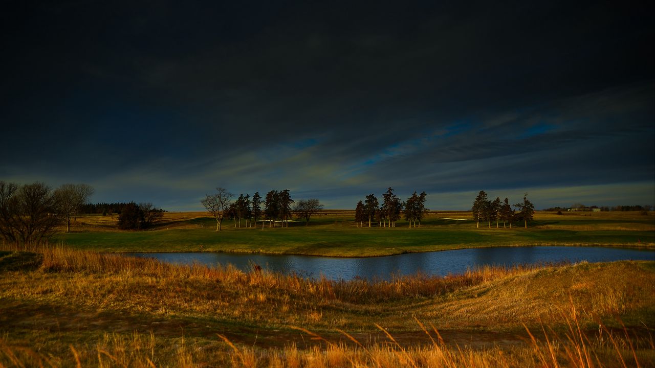 Wallpaper field, river, trees, clouds, horizon, nature