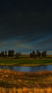 Preview wallpaper field, river, trees, clouds, horizon, nature