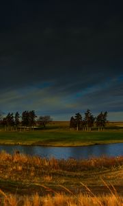 Preview wallpaper field, river, trees, clouds, horizon, nature