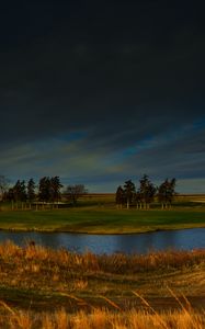 Preview wallpaper field, river, trees, clouds, horizon, nature