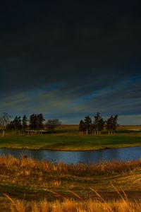Preview wallpaper field, river, trees, clouds, horizon, nature