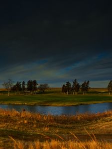 Preview wallpaper field, river, trees, clouds, horizon, nature