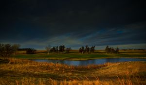 Preview wallpaper field, river, trees, clouds, horizon, nature