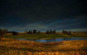 Preview wallpaper field, river, trees, clouds, horizon, nature