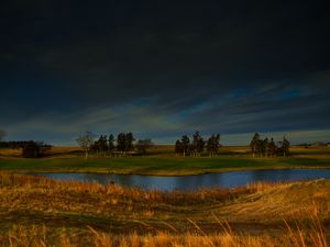 Preview wallpaper field, river, trees, clouds, horizon, nature