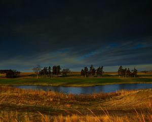 Preview wallpaper field, river, trees, clouds, horizon, nature