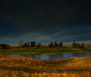 Preview wallpaper field, river, trees, clouds, horizon, nature